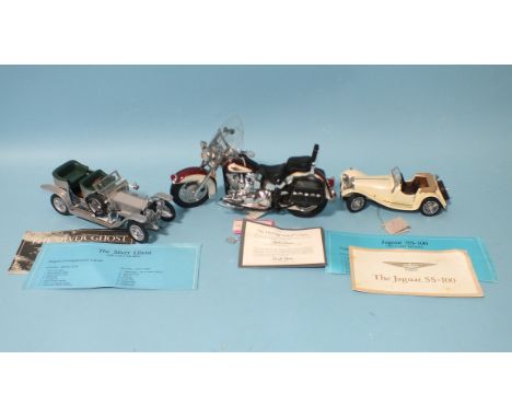 Franklin Mint: three unboxed models: Harley Davidson Heritage Softail Classic, (1:10), Rolls Royce Silver Ghost (1:24), Jagua