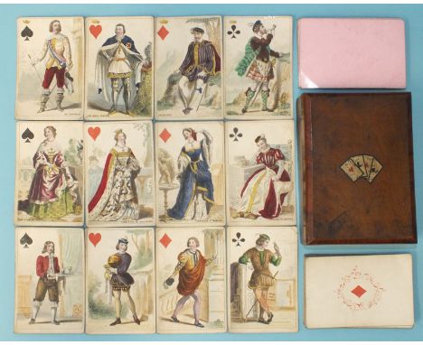 A pack of Gilbert, Paris playing cards, (51/52, no.4?) with named Elizabethan figures as court cards, pink backs, in olive wo