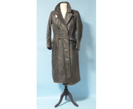 A WWII era officer's leather trench great coat, bearing stamps for the DLV (Deutscher Luftsportverband - German Air Sports As