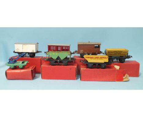 Hornby O Gauge, boxed post-war rolling stock: goods brake van, hopper wagon, No. 1 Milk Traffic Van, No. 1 Refrigerator Van, 