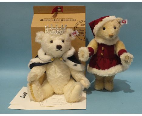 Steiff, a musical teddy bear "Long to Reign Over Us", No. 509 of Ltd Edn of 2015, (boxed) and another musical teddy, Mrs Sant