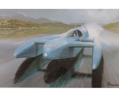 After Benjamin. Full Power Donald Campbell With The Bluebird At Coniston, print, 35cm x 49cm.