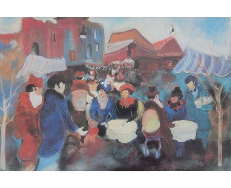 After Zule Moskowitz.  Figures in a street scene, print, signed and numbered 605/750, 35cm x 49cm.