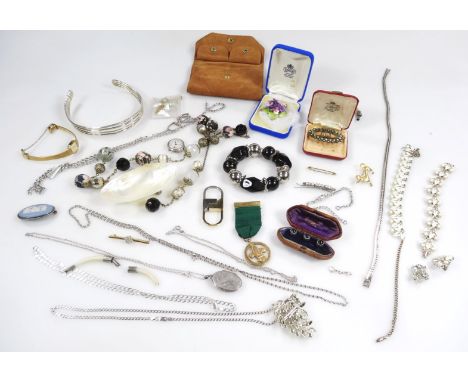Various jewellery and effects, Jasper brooch, 4cm W, Two's Company mother of pearl style dish, beads, necklaces.