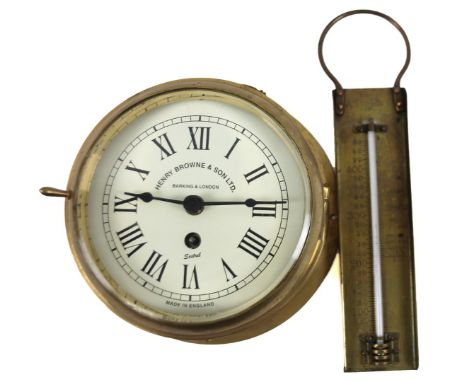 A 20thC Henry Browne and Sons bulkhead clock, in a circular brass case, 20cm dia, and a Staines Victoria brass jam thermomete