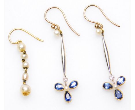 A pair of sapphire, diamond and pearl drop earrings, the drops formed of three petal flower set with light blue sapphire and 