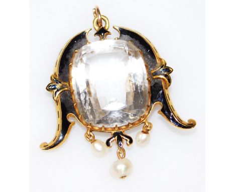A late 19thC mourning pendant, with a crystal centre, flanked by a scroll outline, with pearl hanger in unmarked yellow metal