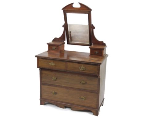 A late Victorian mahogany dressing chest, the shaped mirror flanked by curved supports, above two short and two long drawers,