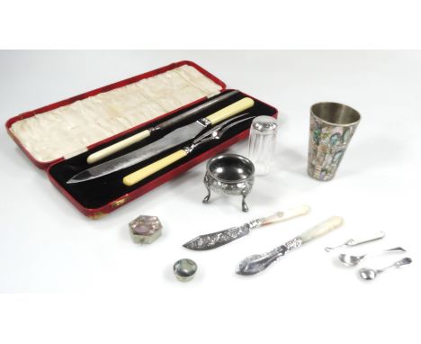Various flatware, mother of pearl beaker, 10cm H, cased carving set, jar with silver lid, etc. (a quantity)