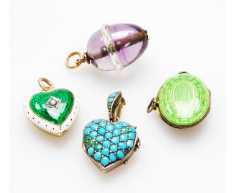 Four pendants, to include a turquoise set heart pendant, on yellow metal back, unmarked, a heart pendant set with green and c