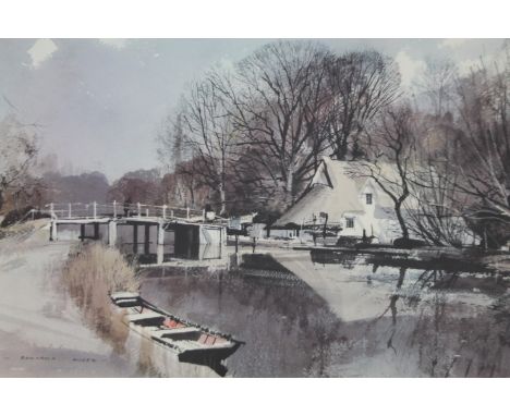 After Rowland Hilder. Canal scene, house before trees, print, signed and watermarked to the mount, 44cm x 61cm.