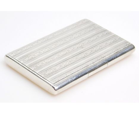 An early 20thC card case, of rounded rectangular outline with an engine turned repeat floral pattern, with flush spring loade