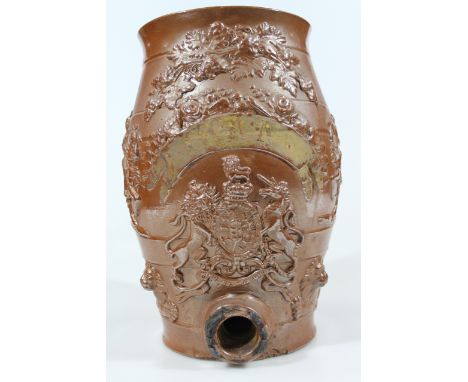 A late 19thC brown stoneware spirit barrel, of circular form, raised with a coat of arms, and foliage, with open spout front,