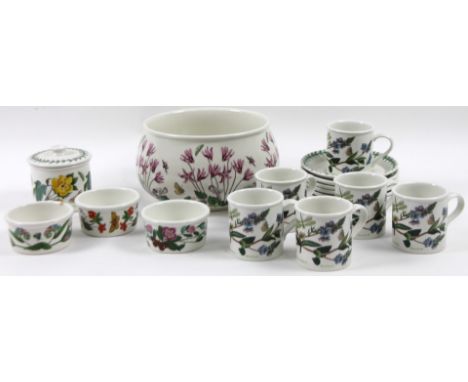 Various Portmeirion Botanic Garden pieces, to include lidded preserve pot, 12cm H, cups, saucers, bowl with pink flowers, mar
