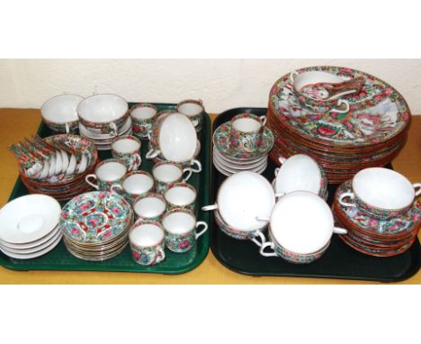 A 20thC Cantonese part service, famille rose pattern, to include dinner plates, 26cm dia., side plates, cups, bowls, saucers,