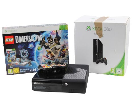 An Xbox 360 games console with controller, 15cm W and a Lego Dimensions boxset.