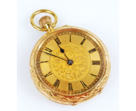 An 18ct gold fob watch, with engine turned dial and Arabic numerals,  33.5g all in.