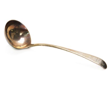 A silver ladle, Fiddleback pattern, engraved with plain bowl, marks rubbed, probably late 18thC, 16cm W, 1oz. 