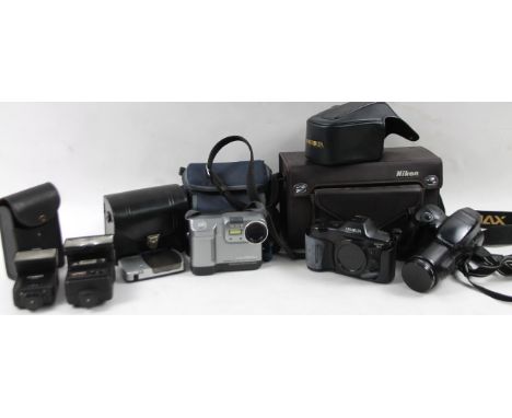 Cameras and Minolta Dynax 9xi case, town and country case, Olympus camera, various other cameras and equipment, etc, a Nikon 