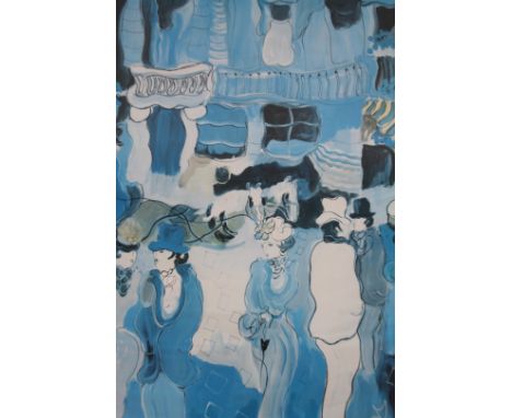 After Zule Moskowitz.  Psychedelic figures before building, artist limited edition print no. 160/750, signed and numbered to 
