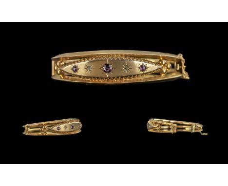 Antique Period Ladies - Pleasing Quality 9ct Gold Ruby and Diamond Set Hinged Bangle, Pleasing Design and Form. Weight 8.9 gr