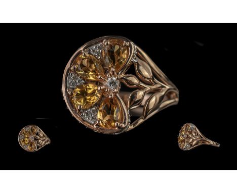 Designer Statement Citrine Flower Ring, size R, an unusual, asymmetric, design with a four petal, citrine flower set sideways