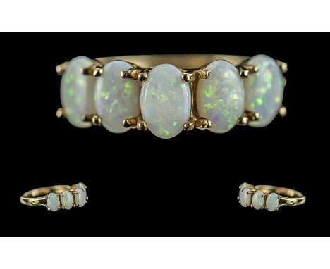 Ladies 9ct Gold Attractive 5 Stone Opal Set Ring, Full Hallmark to Interior of Shank, The Well Matched Opals of Good Colour. 