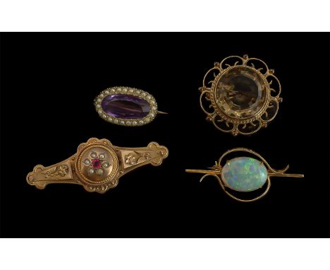 Antique Period - A Collection of Small Gem Set Brooches - Set In 9ct and 14ct Gold. Comprises 1/ 14ct Large Opal Set Brooch, 