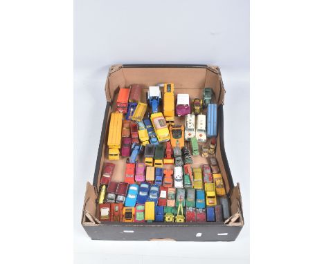 A QUANTITY OF UNBOXED ASSORTED PLAYWORN MAINLY MATCHBOX DIECAST VEHICLES, to include Jaguar E type, No.32, red body, clear gl