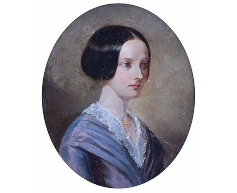English School, 19th century,  Portrait of a young woman, unsigned, oval, oil on board, 18.5 x 15cm.; 7.25 x 6in. Condition r