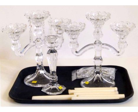 Pair of glass three branch chandeliers and single candlestick. Condition report: see terms and conditions.