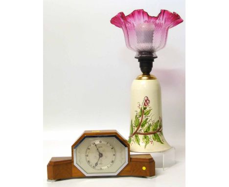 Walnut Art Deco clock and a 1950's lamp with Victorian shade. Condition report: see terms and conditions.