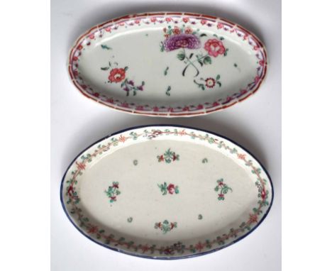 Keeling Factory X spoon tray circa 1800, with spiral moulding painted with flora, together with another English porcelain spo