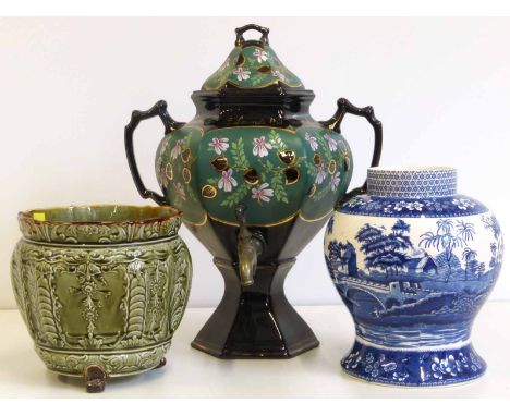 Staffordshire majolica jardinier and samovar and Copeland Spde tower vase. Condition report: see terms and conditions.