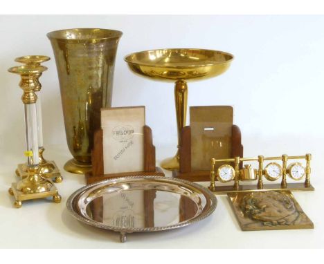 Pair of brass and glass effect candlesticks, brass tazza and vase and a brass Harrods four time zone clock. Condition report: