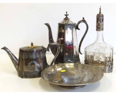 Continental silver .925 and glass decanter with new stopper, coffee pot, tea pot and a pewter dish. Condition report: see ter