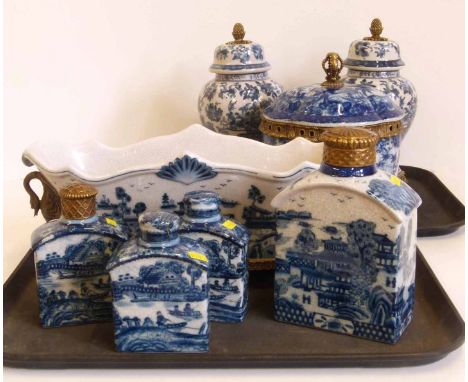 Two pagoda top and two canisters in chinoiserie style and similar planter. Condition report: see terms and conditions.