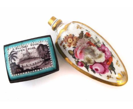 English enamel box, titled 'Present from Liverpool, late 18th century, also an early 19th century English porcelain scent bot