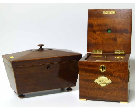 George III mahogany tea caddy and a mahogany casket. Condition report: see terms and conditions.