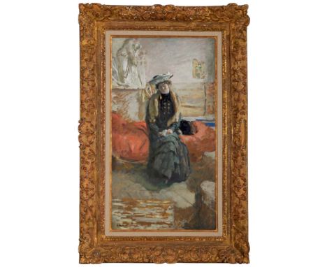 EDOUARD VUILLARD , CUISEAUX, 1868 - LA BAULE, 1940Woman on a sofa (L'Attente)Oil on canvas mounted on panel 75.5 x 41 cmWith 