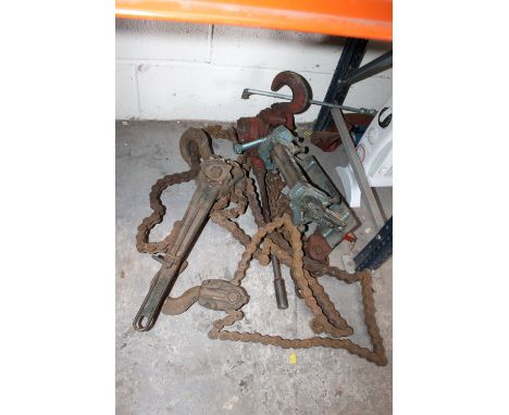 TWO THREE TONNE PULL LIFTS TOGETHER WITH A SMALL HAND ROLLER