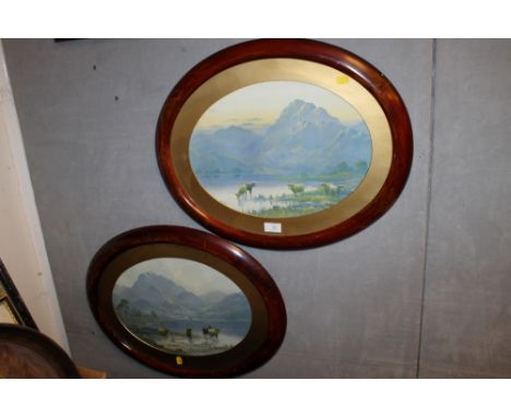 A PAIR OF OVAL FRAMED CATTLE PICTURES TOGETHER WITH A SMALL PRINT