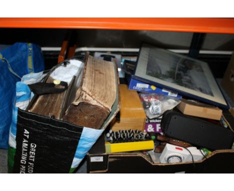 TWO TRAYS OF ELECTRONICS ETC TO INC A PIONEER SPEAKER & TWO VICTORIAN BIBLES