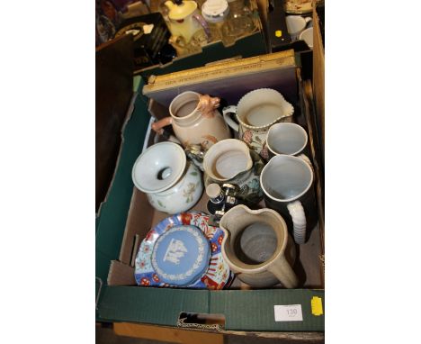 A TRAY OF CERAMICS TO INC A HUNTING JUG, ORIENTAL PLATES ETC