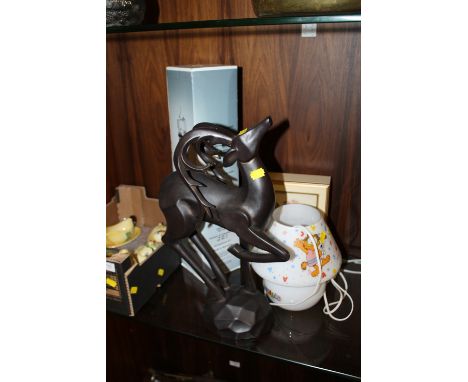 A WOODEN STAG FIGURE, GARFIELD LAMP, GLASS THERMOMETER AND A KEY HOLDER