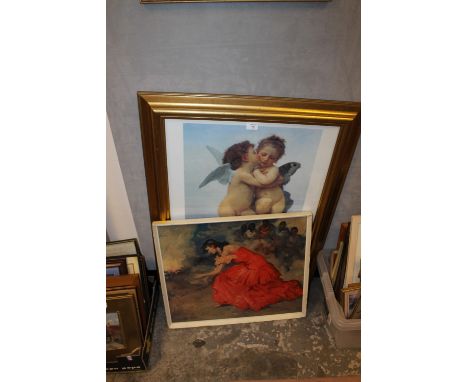 A LARGE GILT FRAMED CHERUBIC PRINT & ANOTHER PICTURE
