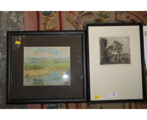 R.L.HOWEY PASTEL WINDMILL SCENE & A SIGNED ETCHING 'A MOUNTAIN ROAD'