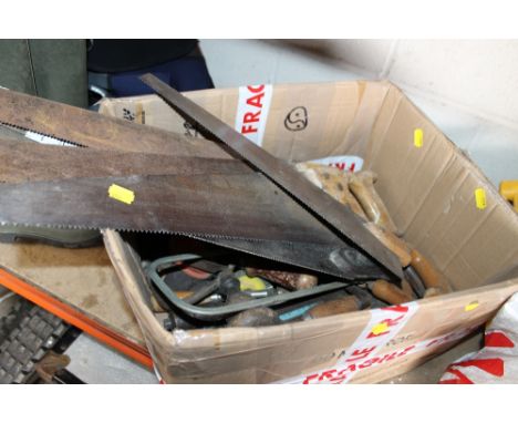 A BOX OF TOOLS TO INCLUDE SAWS, FILES ETC