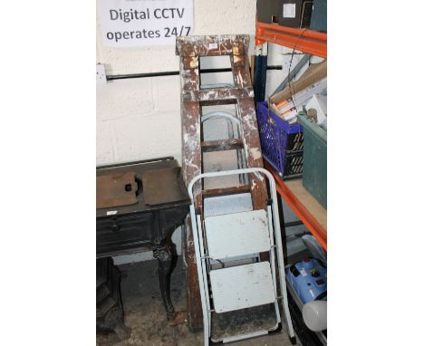 FOUR SETS OF STEP LADDERS + A SMALL WOODEN LADDER