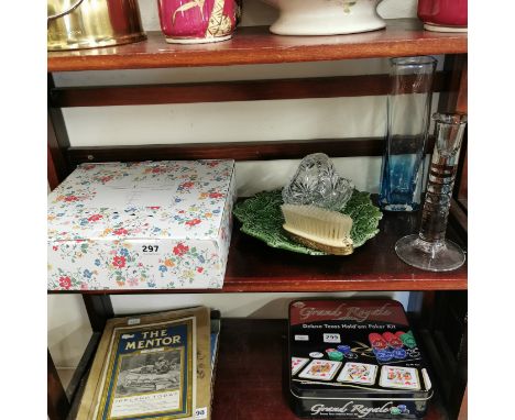 SHELF LOT OF GLASS , CAKESTAND ETC